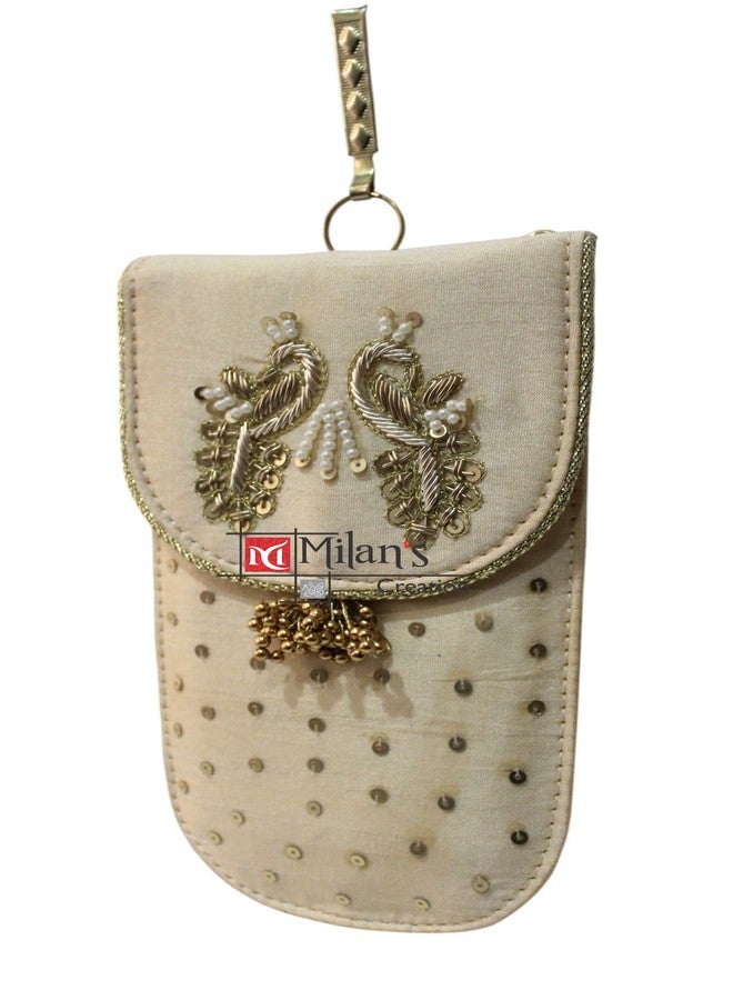 MILAN'S CREATION Mobile Pouch Zardozi & Pearls Hand Embroidery With Waist Clip Hook & Sling Chain (removable) | Ladies Women’s Handbag Wallet Sling Purse | Party Wedding Festival Giveaways Gift (Gold peacock) - Image 2